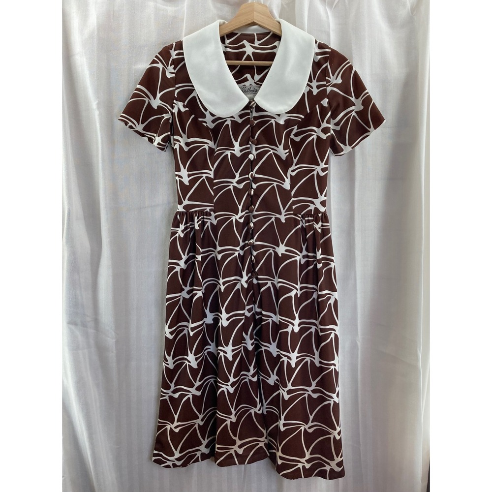 Vintage Bullock's Brown White‎ Geometric Peter Pan Collar Midi Dress Women's M